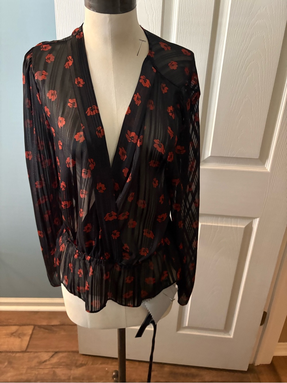 Wayf Black Sheer Floral Wrap Blouse with Orange Print Size Large